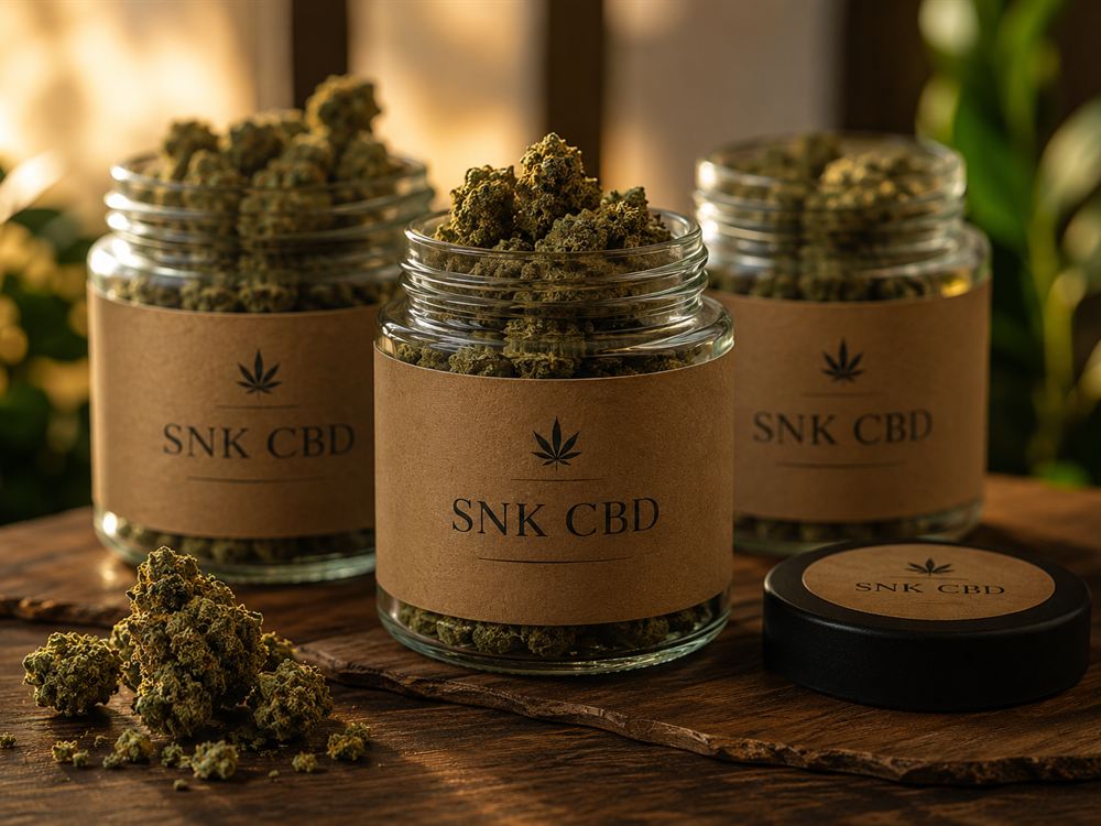 Tres tarros de cristal llenos de flores de CBD con etiqueta de papel kraft de SNK CBD, sobre una tabla de madera